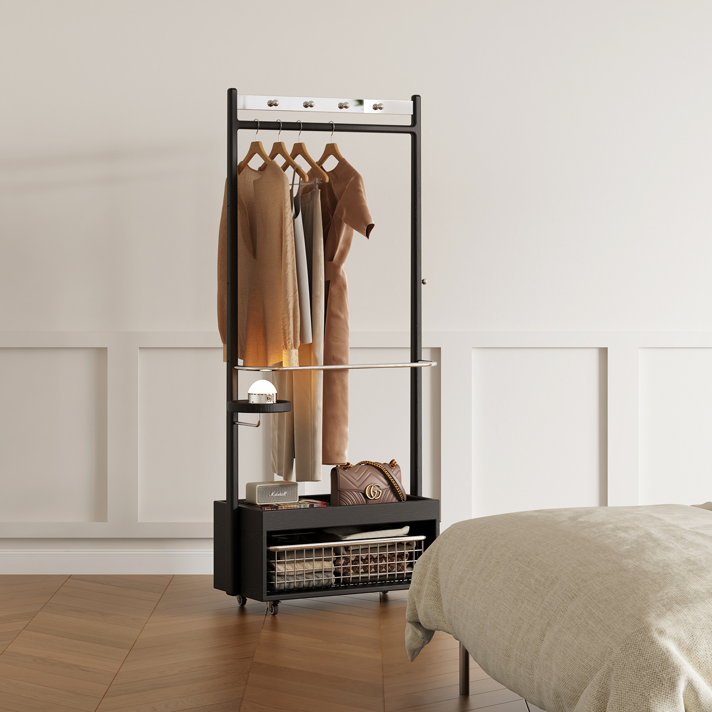 wotime可移动卧室落地衣帽架多功能带轮不锈钢挂衣架隔夜衣收纳架