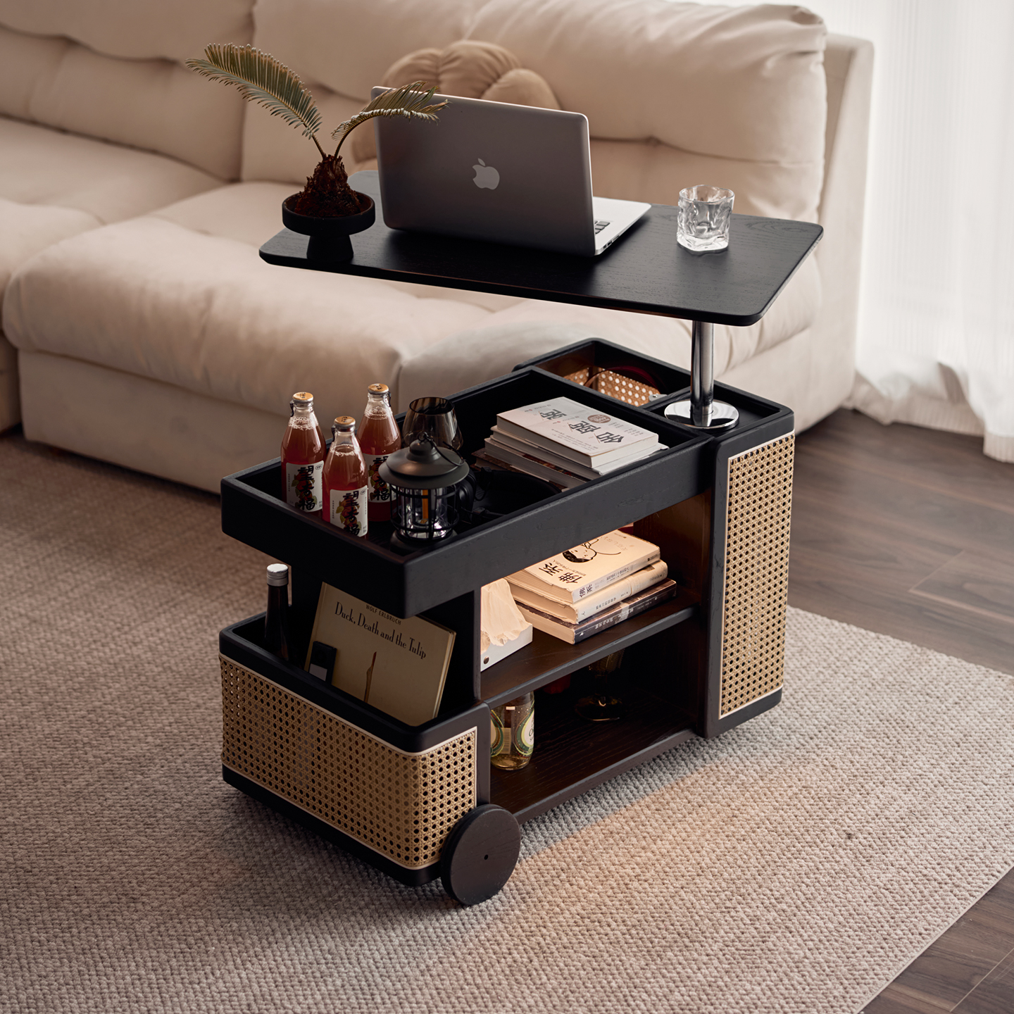wotime可移动升降茶几实木小推车客厅沙发侧边柜家用旋转巴士边几