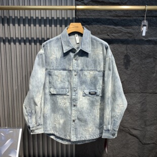 宽松尖领休闲百搭潮流时尚 男长袖 痞帅上衣外套 复古牛仔衬衫 美式