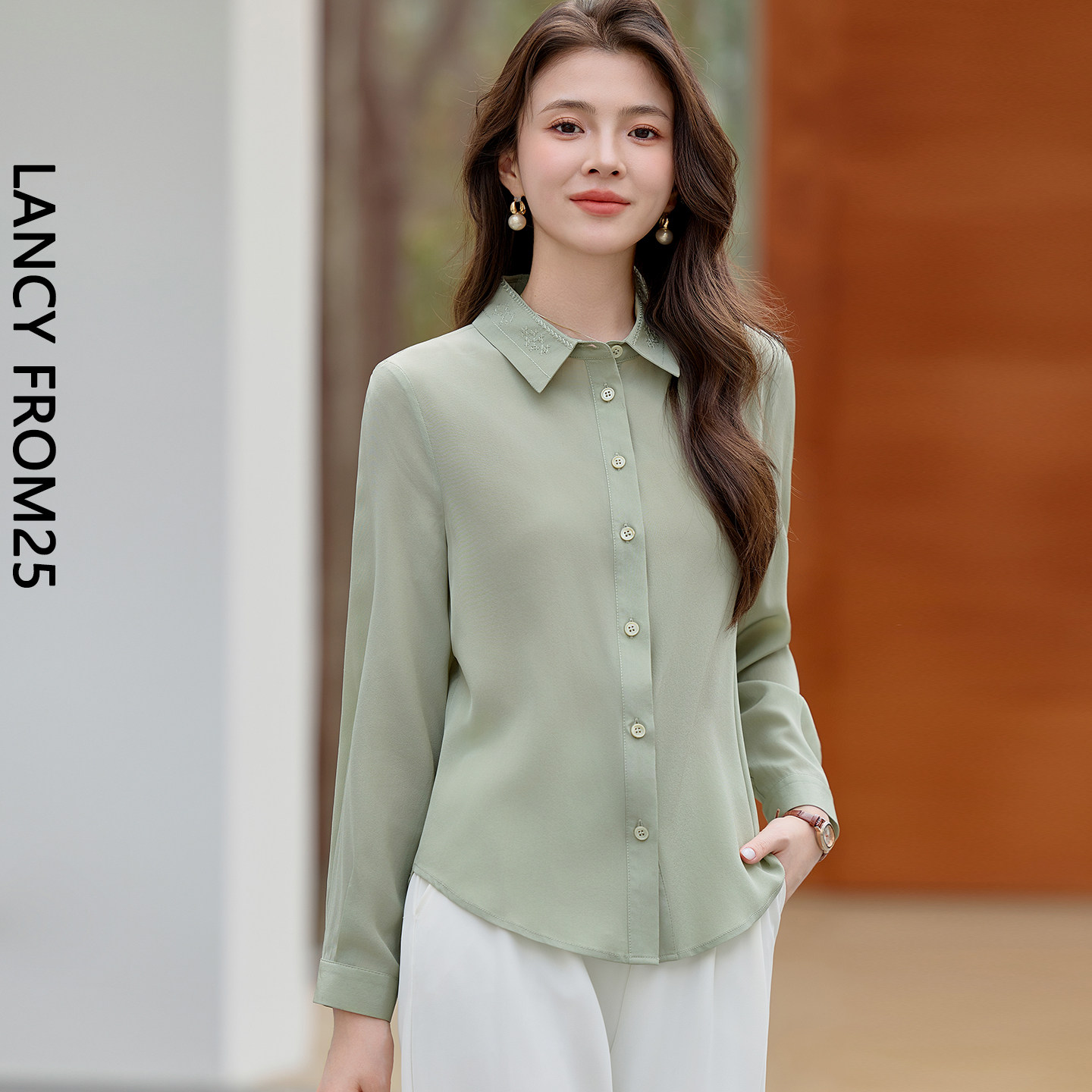 LANCY/朗姿100%桑蚕丝衬衫女长袖春秋气质轻奢高级感双绉真丝上衣