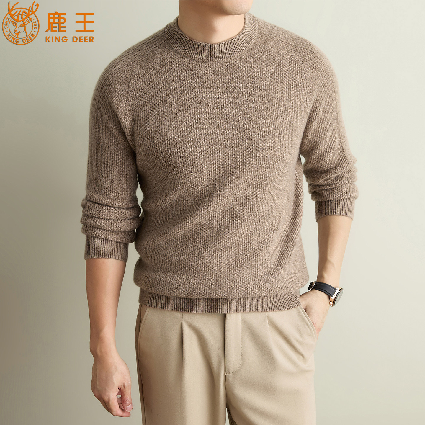 鹿王羊绒衫男100%纯羊绒针织衫半高领商务轻奢套头打底衫保暖毛衣