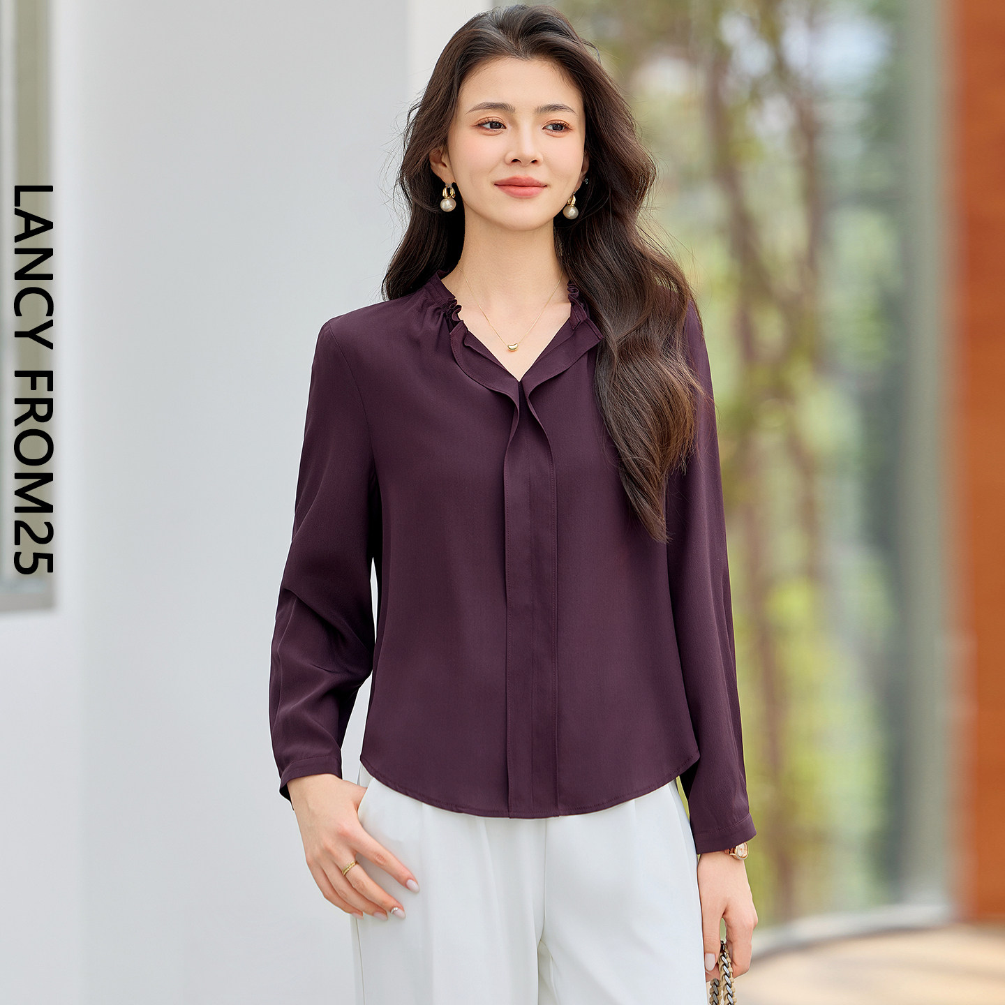 【100%桑蚕丝】LANCY/朗姿高级感双绉真丝衬衫女长袖V领通勤上衣