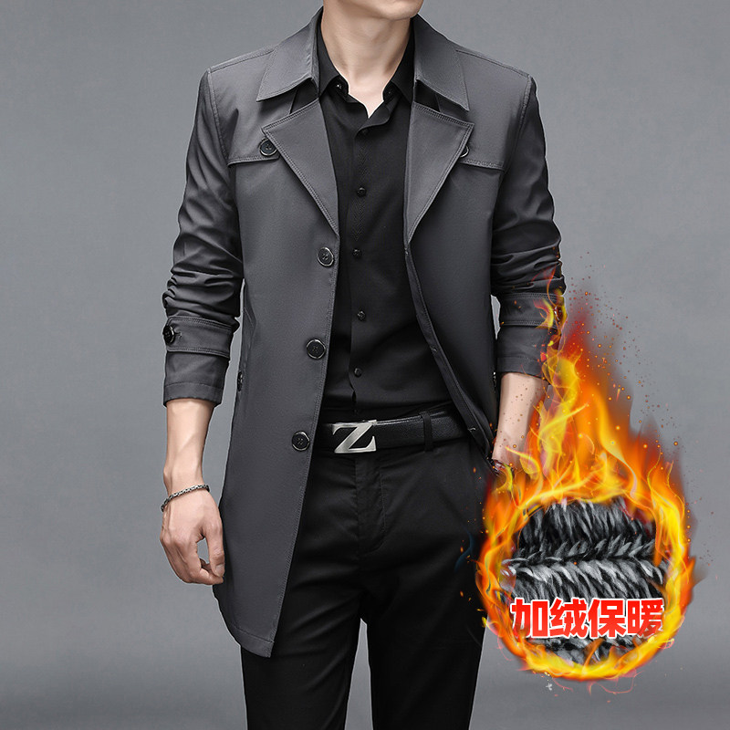 2024 NEW TREND HIGH-END MID-LENGTH TRENCH COAT PLUS SIZE CASUAL LAPEL MENS FALL AND WINTER FLEECE BUSINESS JACKET