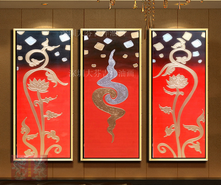 手绘东南亚风格金色荷花装饰画有框画家居酒店会所玄关壁画挂画图片