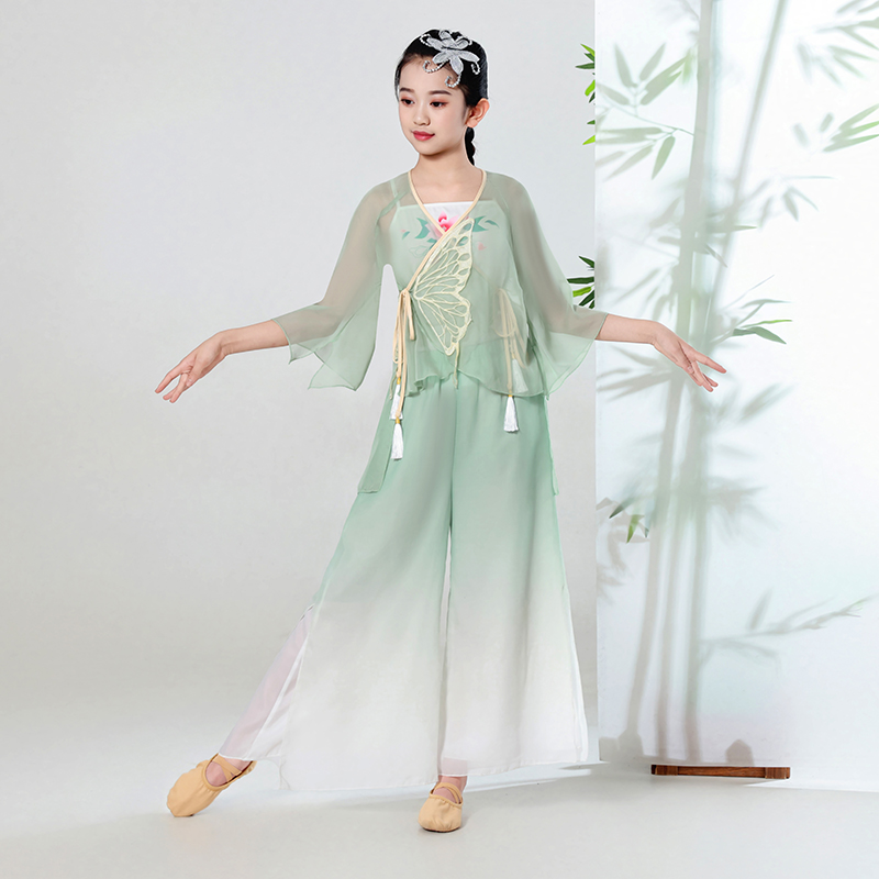 兒童古典舞蹈演出服飄逸紗衣漸變雪紡練功服女童身韻中國風(fēng)扇子舞
