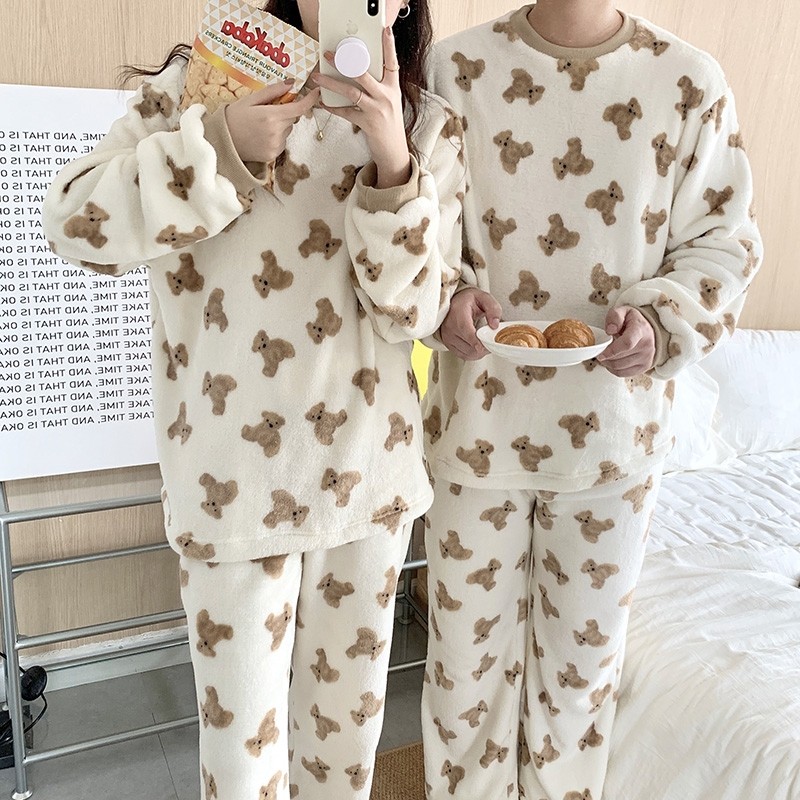 韩国冬季ins可爱小熊珊瑚绒情侣款睡衣长袖加厚保暖家居服套装女