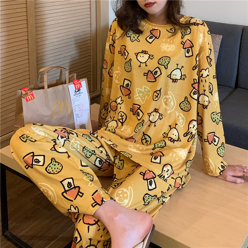 韩国秋冬新款ins卡通小鸡印花宽松柔软棉质长袖睡衣家居服套装女