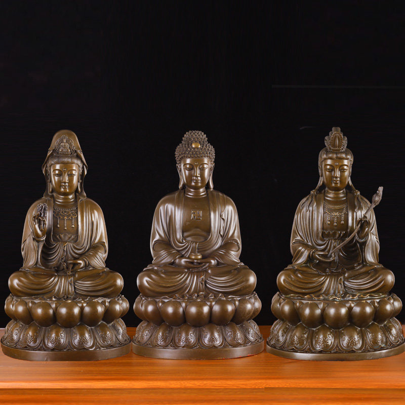 件纯黄铜观音菩萨释迦牟尼大势至菩萨摆件西方三圣铜佛像摆大号
