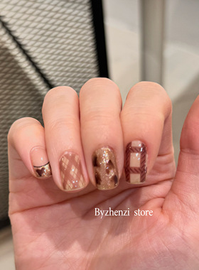 BYZHENZI STORE【凯蒂噗噗】秋冬琥珀猫眼格纹美甲贴穿戴甲油膜