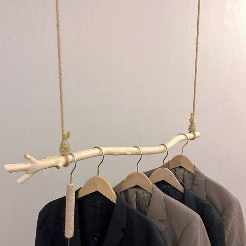 服装店挂衣架试衣间顶吊挂钩橱窗装饰墙面复古色麻绳树枝木棍吊杆