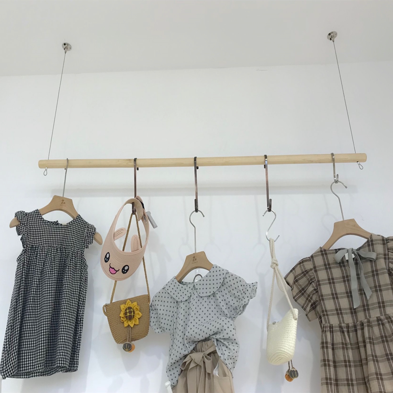 服装店橱窗吊环展架实木上墙壁挂式悬挂吊衣架钢丝绳木棍吊架货架