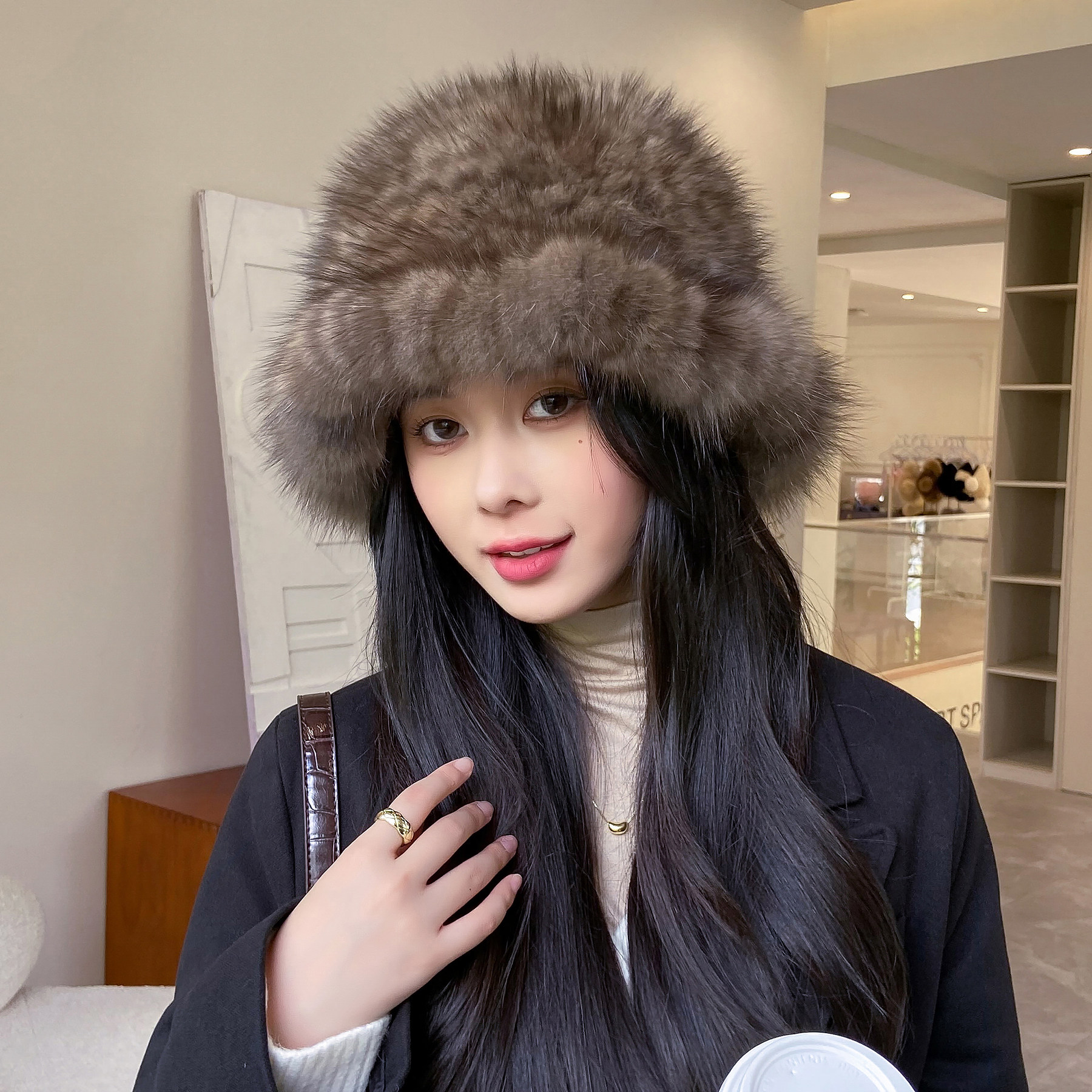紫貂毛编织气质荷叶边渔夫帽秋冬季保暖女士水貂皮护耳帽皮草帽子