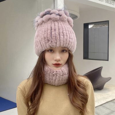 套装女士真毛皮草围巾冬天帽子