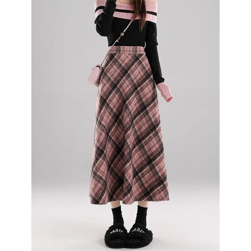 粉色毛呢格子半身裙女秋冬2026新款中长款高腰显瘦百搭A字伞裙ins