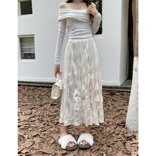 法式肌理感压褶裙中长款半身裙春夏新款高腰显瘦小个子a字百褶裙