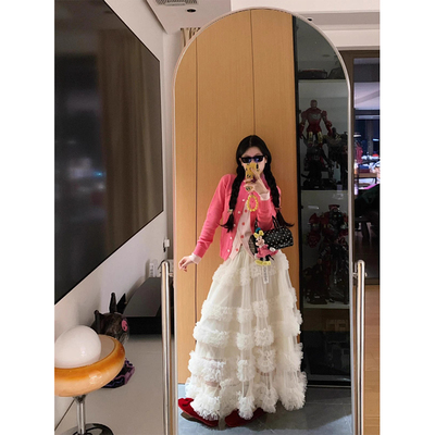 杏色春夏新款松紧中长裙法式蓬蓬蛋糕裙褶皱百褶裙百搭仙女半身裙