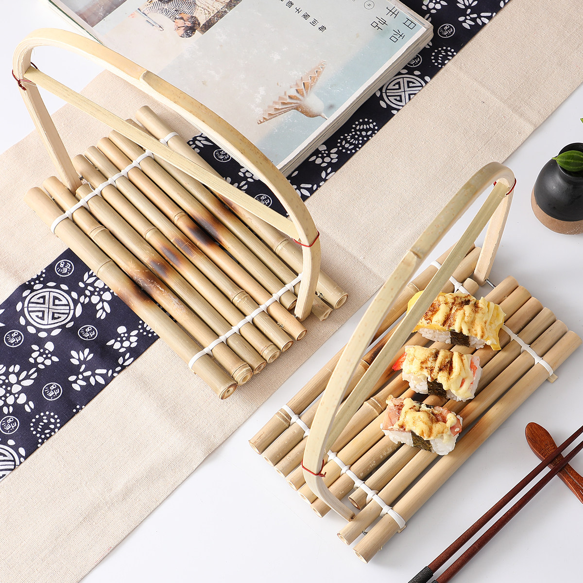 特色寿司点心手提竹排 中式小吃摆盘 日式托盘手工竹编盘中国风
