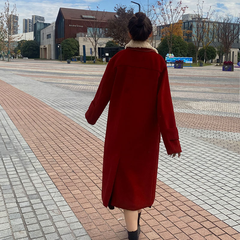 牛角扣圣诞新年红色羊毛大衣女冬季复古显白中长款厚加棉毛呢外套
