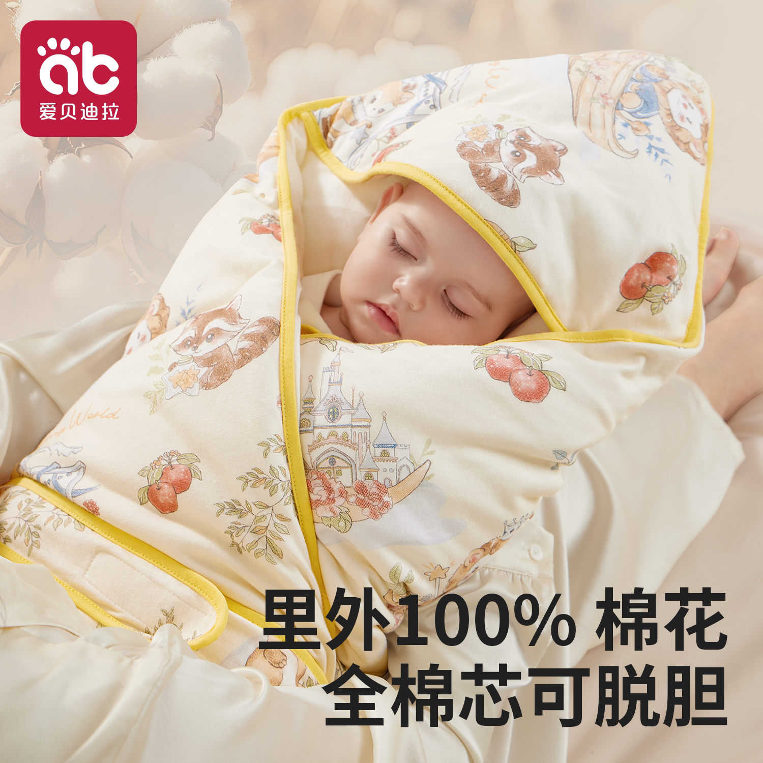 【100%棉花抱被】婴儿包被纯棉宝宝冬加厚初生可拆卸内胆新生包单