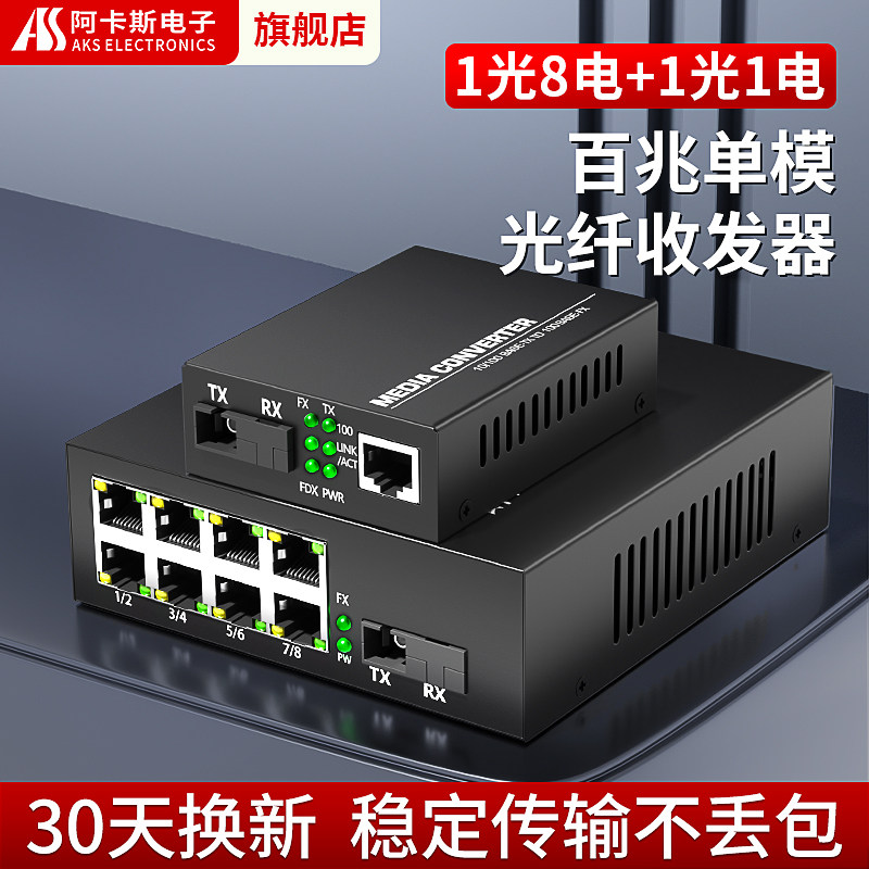 百兆单模单纤光纤收发器 1光1电+1光8电网络光端机光电转换器一对光纤线转网线接口转换器网络视频监控信号图片