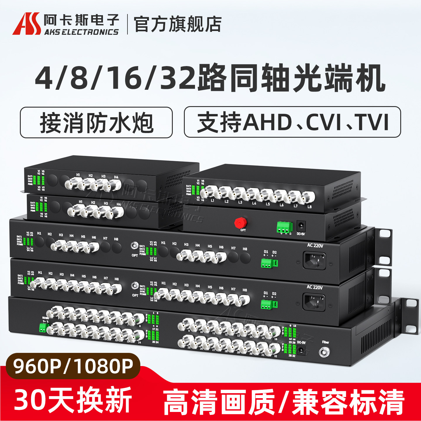 阿卡斯 4路8路16路同轴高清视频光端机大华HDCVI海康TVI雄迈AHD带485数据130万监控光端机960P兼容消防水泡