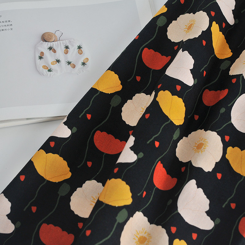 黑色郁金香 原创印花面料日韩纯棉花卉印花服装diy手工材料布料