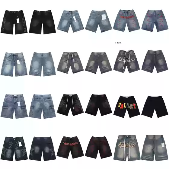 American-Style Trendy Brand Valley Shorts for Men with Rhinestone Embroidery and Rivets, Straight-Cut Five-Point Pants, Hip-Hop Five-Point Denim Shorts