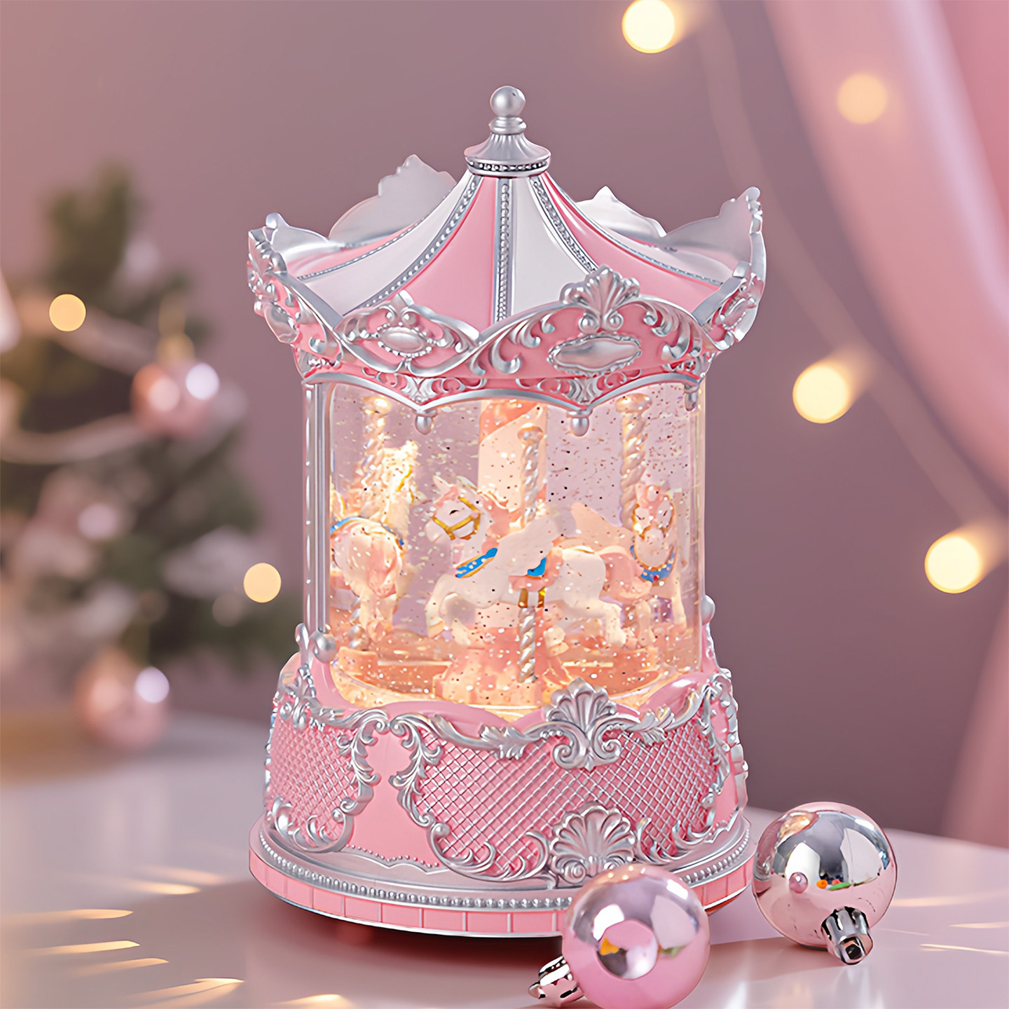 高级感粉嫩旋转木马音乐盒八音盒飘雪水晶球送儿童小女孩生日礼物,节庆用品/礼品,音乐盒,淘宝优惠券,粉丝福利购,淘宝优惠卷