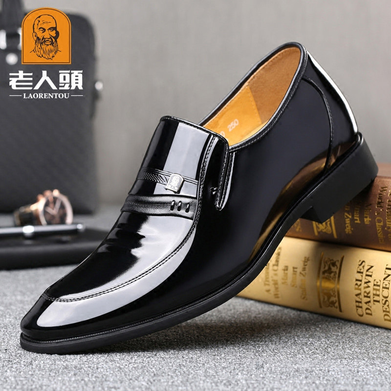 老人头皮鞋男牛皮春季真皮透气男士商务正装皮鞋增高男鞋尖头婚鞋