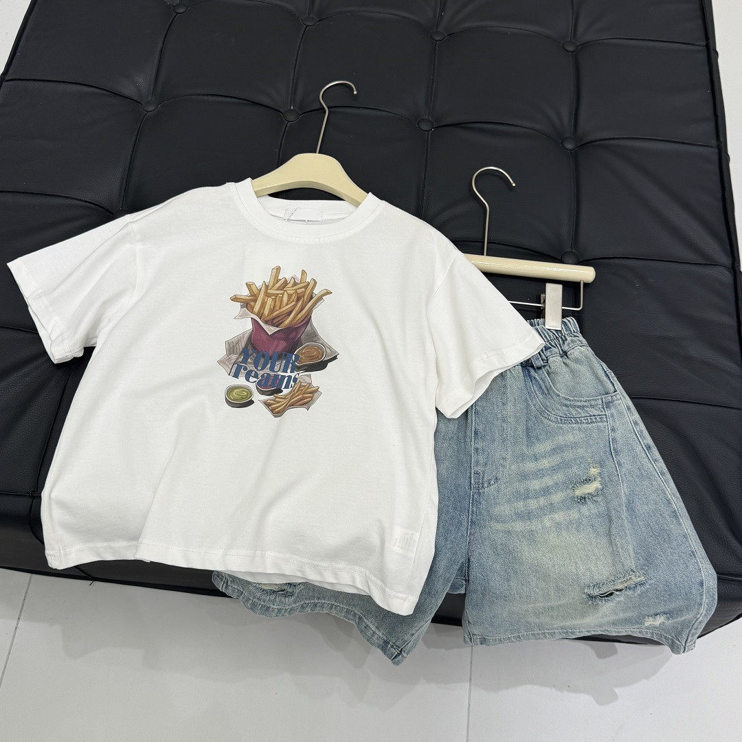 男童纯棉薯条印花短袖2026夏装儿童宽松休闲白色圆领半袖上衣T恤