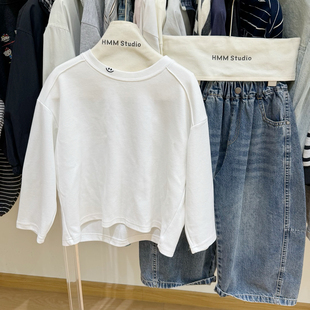 男童纯棉T恤打底衫2026春装儿童宽松白色内搭圆领长袖上衣卫衣潮