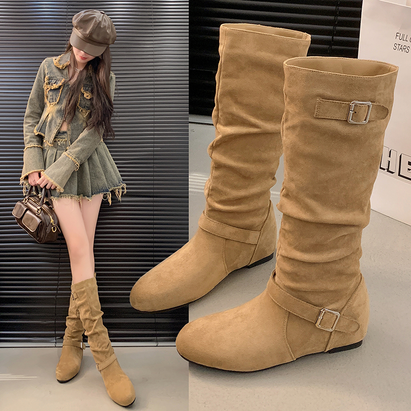 复古堆堆长筒靴女秋冬新款内增高西部牛仔靴平底不过膝高筒骑士靴