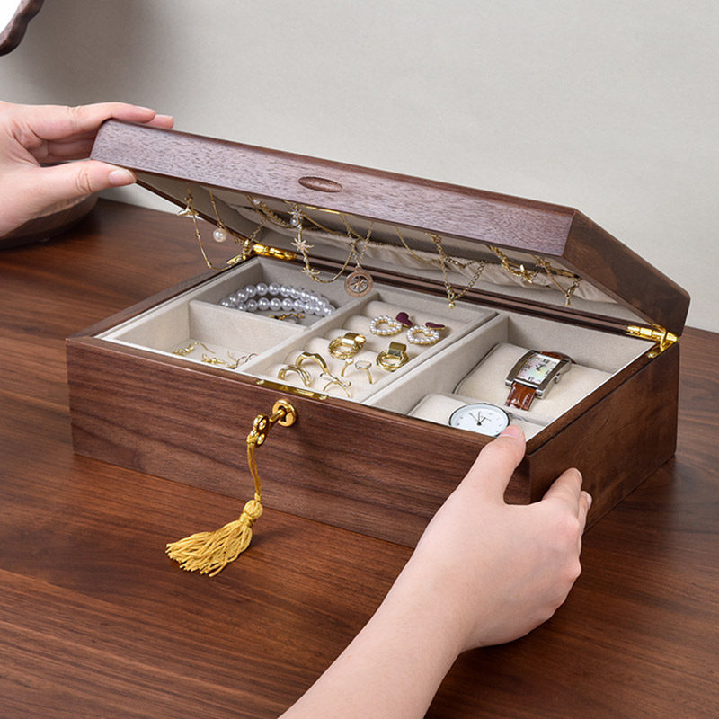 胡桃木首饰盒机械锁设计收纳饰品耳环手镯项链戒指收纳盒子大容量