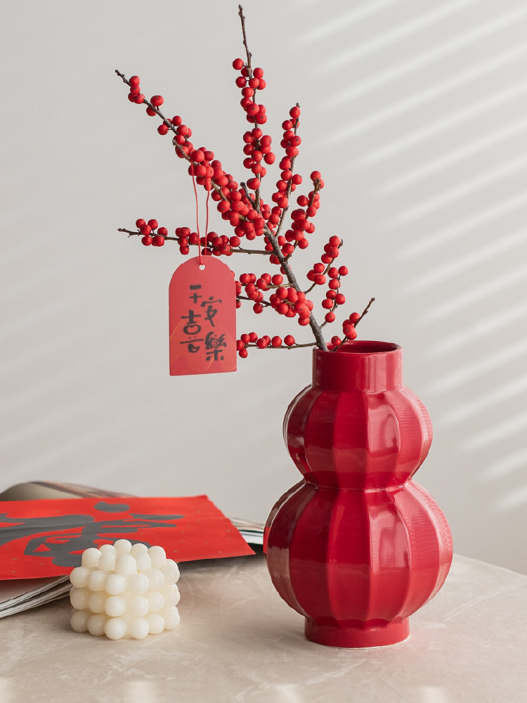 2025高端新中国风陶瓷花瓶装饰品红葫芦新年装饰客厅插花桌子装饰