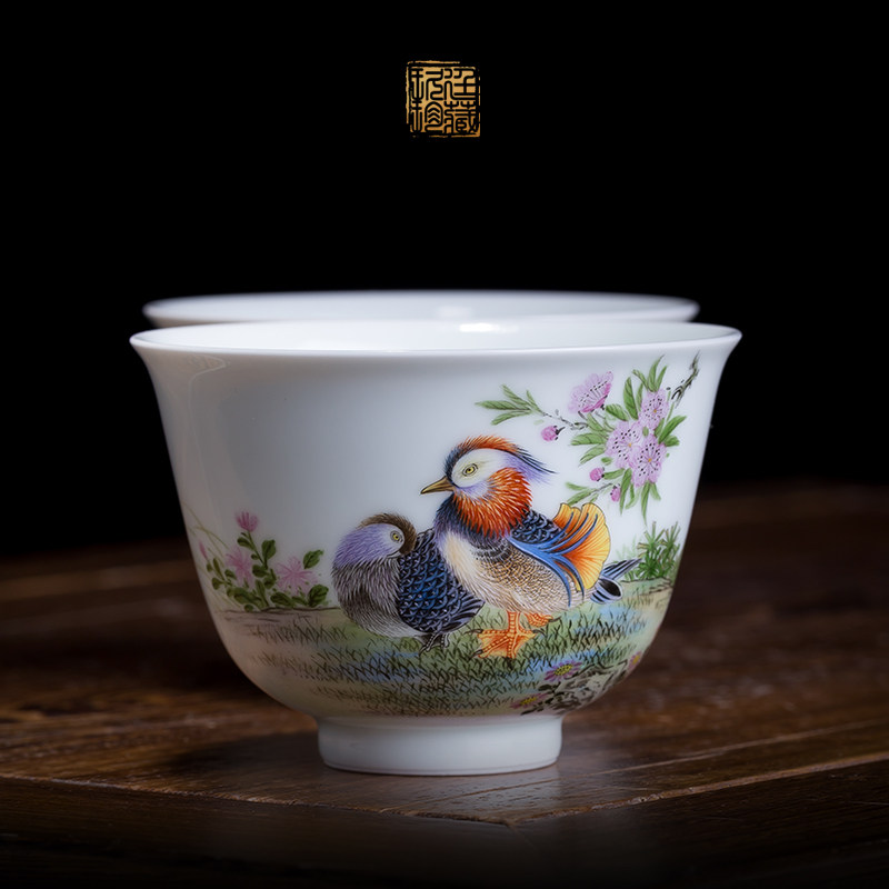 玖廷景德镇功夫茶具大号手工手绘珐琅彩茶杯高档陶瓷主人杯对杯