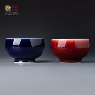 景德镇陶瓷朗红手工禅定杯功夫茶具个人品茗主人杯对杯霁蓝茶杯