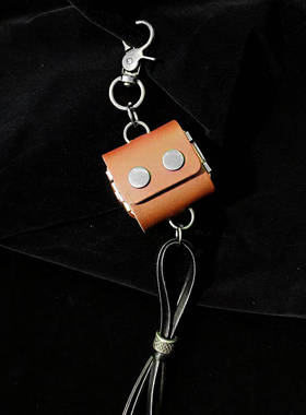 复古棕皮双圆扣钥匙扣迷你收纳仓挂件金属挂扣包包车钥匙
