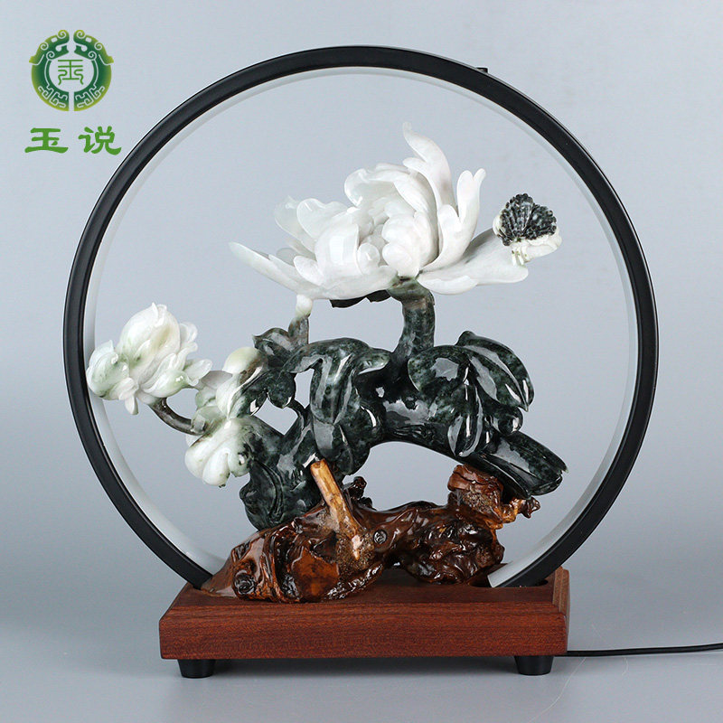 独山玉牡丹花摆件冰白黑双色