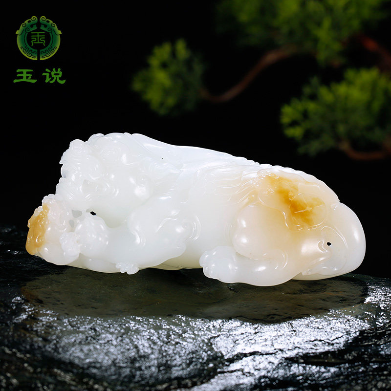 玉说和田玉貔貅手把件男款糖白羊脂玉福兽母子皮休玉把玩件附证书
