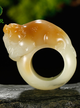 玉说和田玉貔貅扳指男款糖白青花元宝皮休戒指掌中宝玉扳指附证书