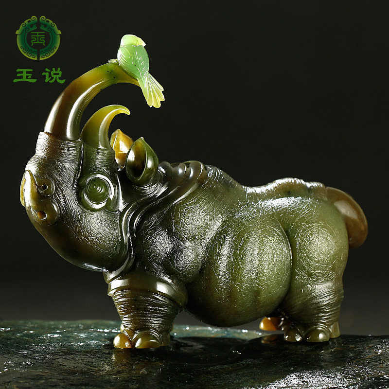 玉说和田玉犀牛摆件男款喜鹊碧玉喜牛喜从天降富贵玉石摆件附证书