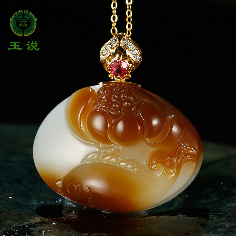 玉说和田玉荷花锦鲤吊坠女款玉坠糖白玉连年有余吊坠K金扣头挂件