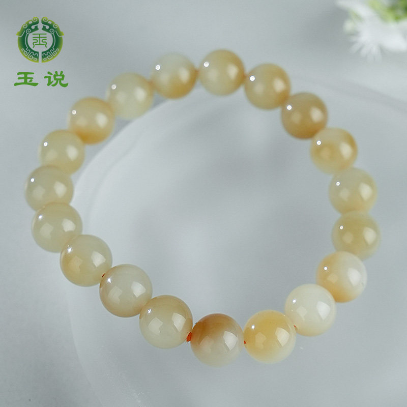 玉说和田玉手链男款糖青白玉圆珠玉石手串圆满富贵玉手饰附证书