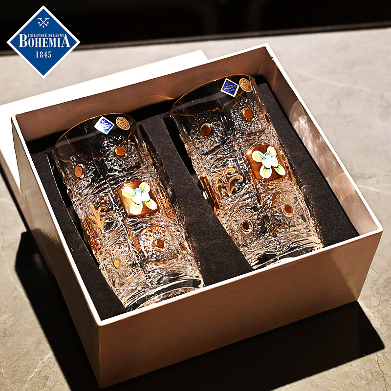 捷克进口水晶玻璃描金威士忌杯子