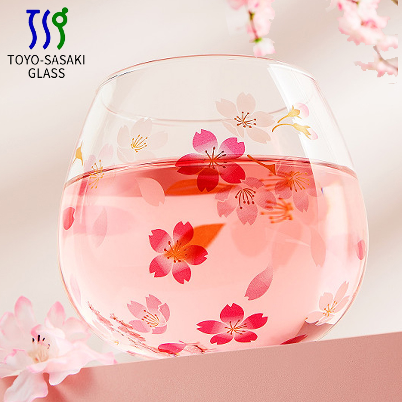 日本进口东洋佐佐木樱花不倒翁杯旋转落樱花茶饮料水果茶玻璃杯子