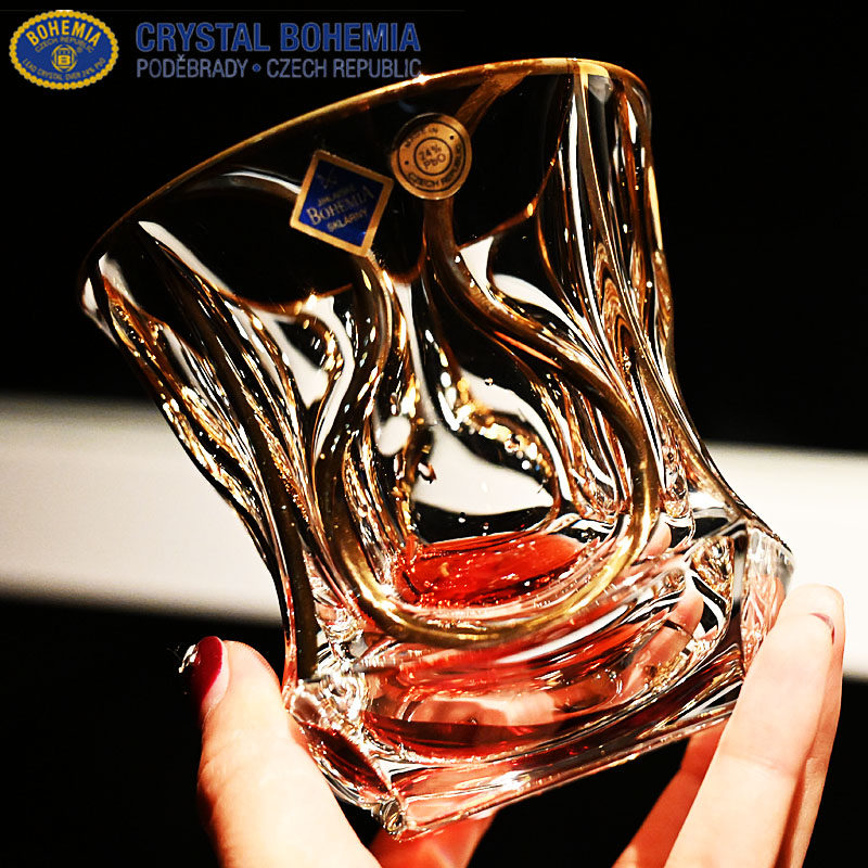 捷克进口水晶玻璃描金威士忌洋酒杯调鸡尾酒杯果汁饮料奶牛水杯子