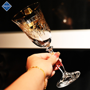 捷克进口水晶玻璃高档描金刻花家用高颜值白兰地干邑杯酒吧洋酒杯