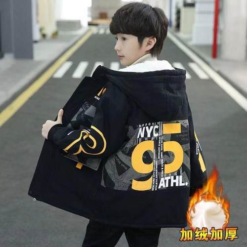 男童冬款加绒加厚外套2024新款中大童冬季棉衣洋气风衣派克服上衣