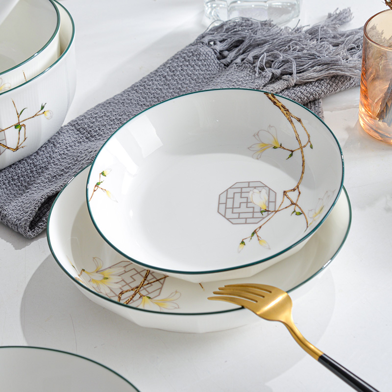 速发盘子菜盘家用新中套餐具加厚式盘组合陶瓷釉中彩餐盘碟子深盘