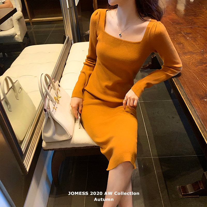 连衣裙长袖针织裙秋冬春秋中长款过膝长裙女修身毛衣打底裙